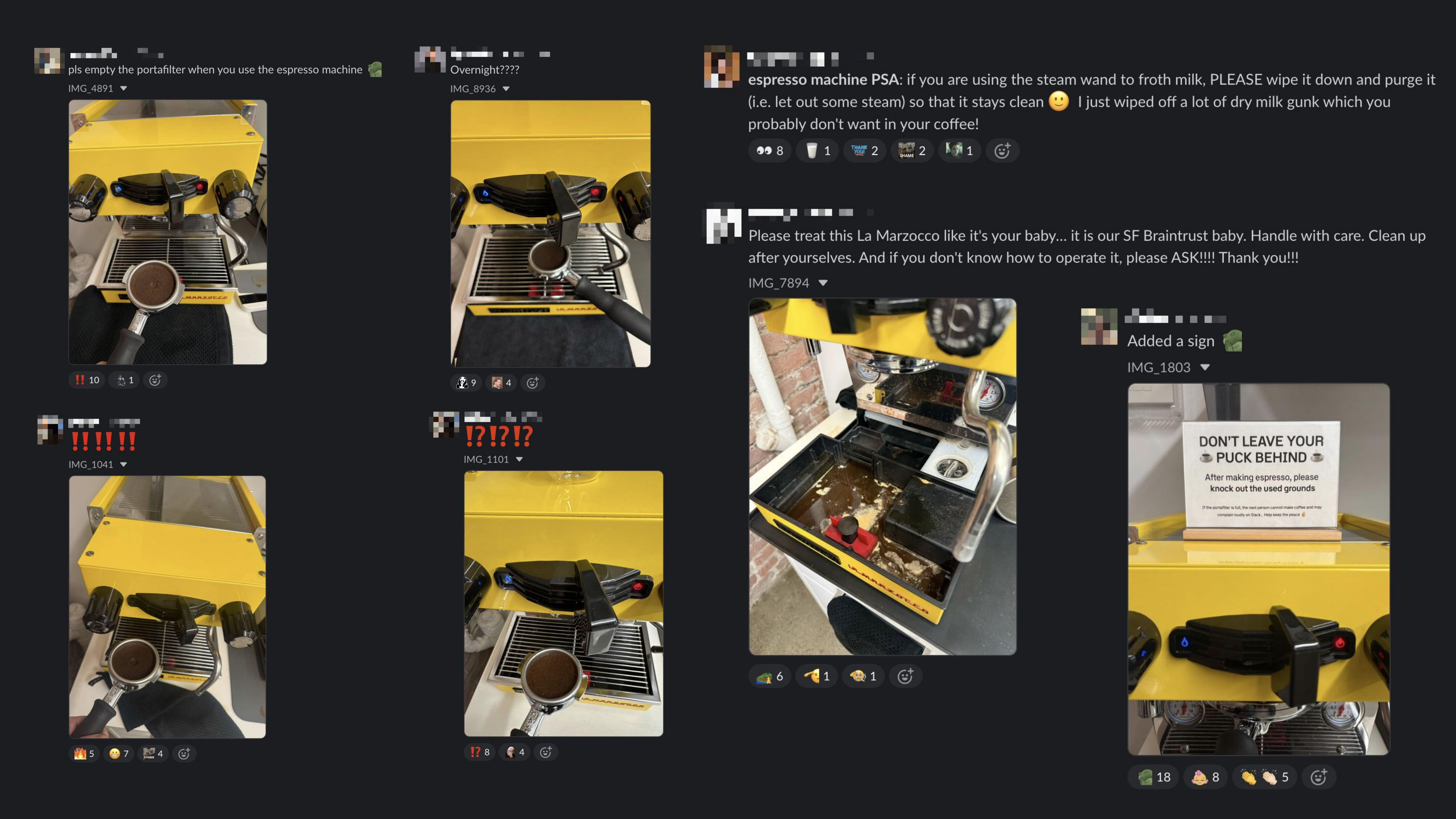 anonymized Slack complaints about the espresso machine